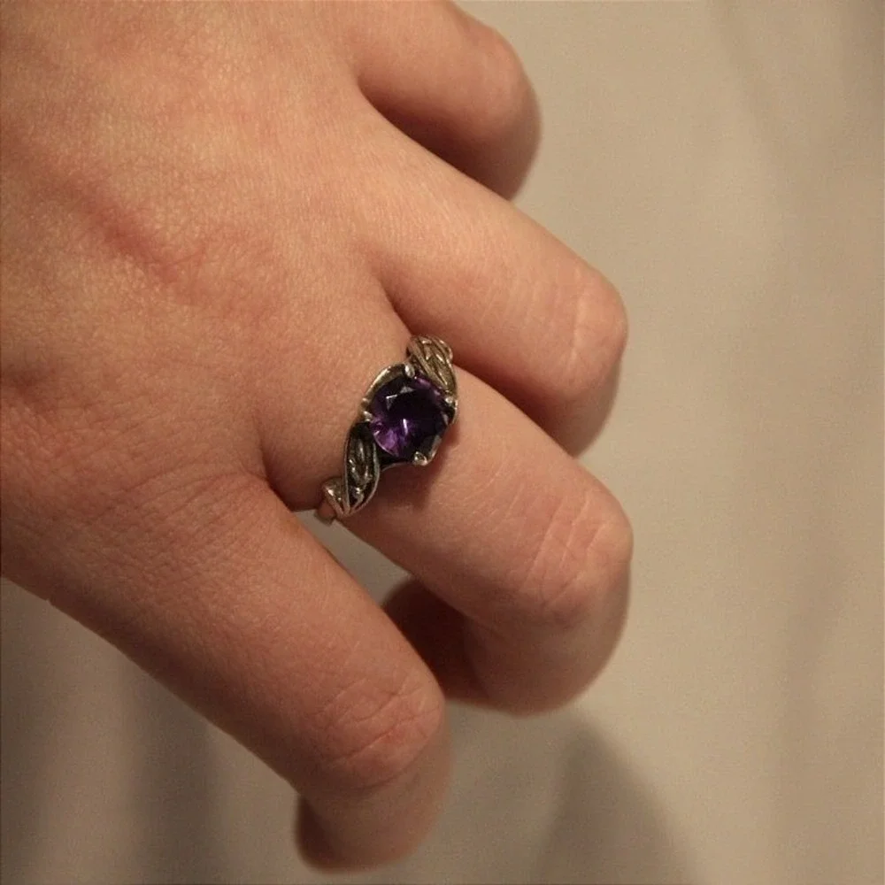 Sterling Silver Amethyst Leaf Ring Botanical Nature Inspired Band Size 8 - Picture 4 of 6